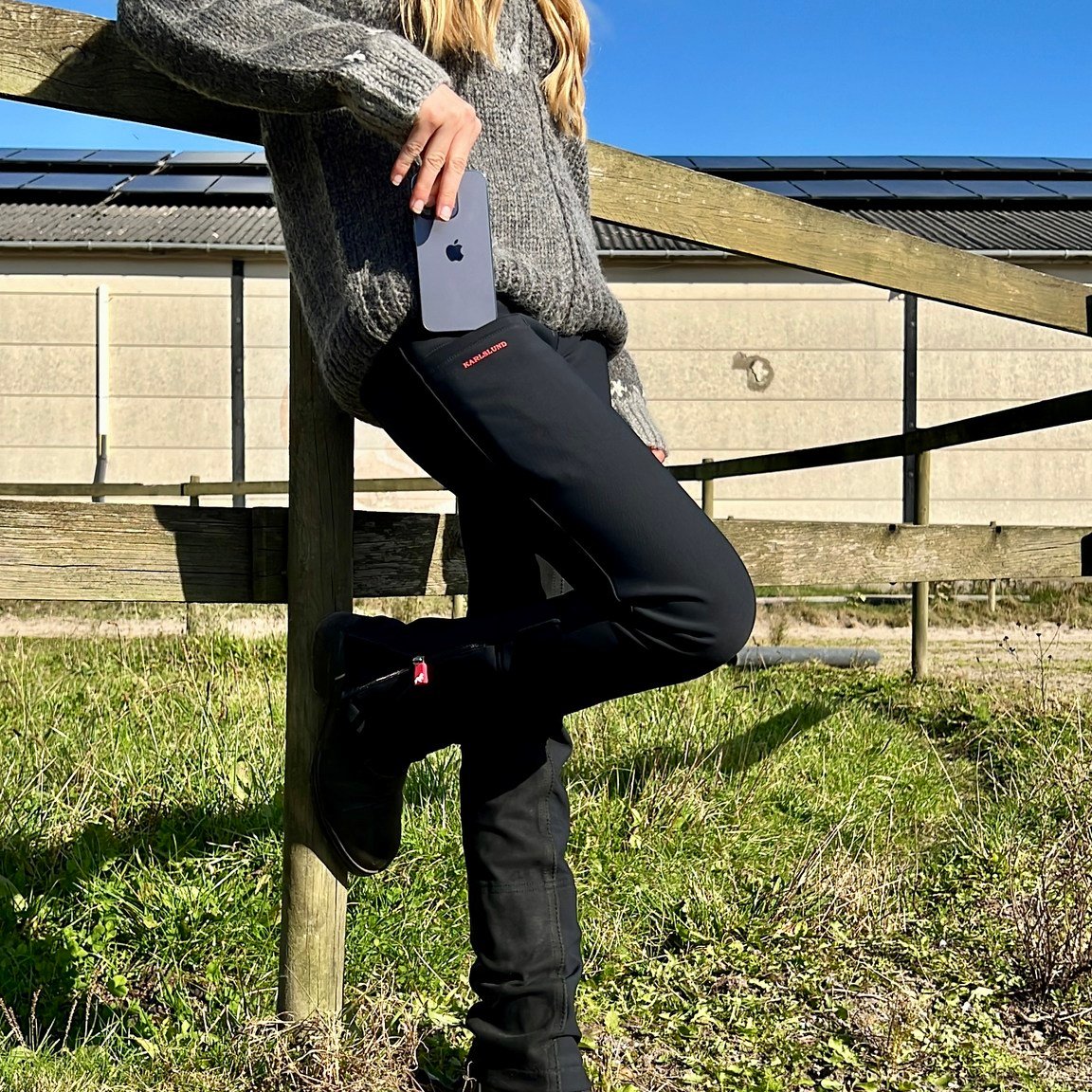 Jodhpursridbyxor Jökull i softshell, med mobilficka, helskodda läderimitation